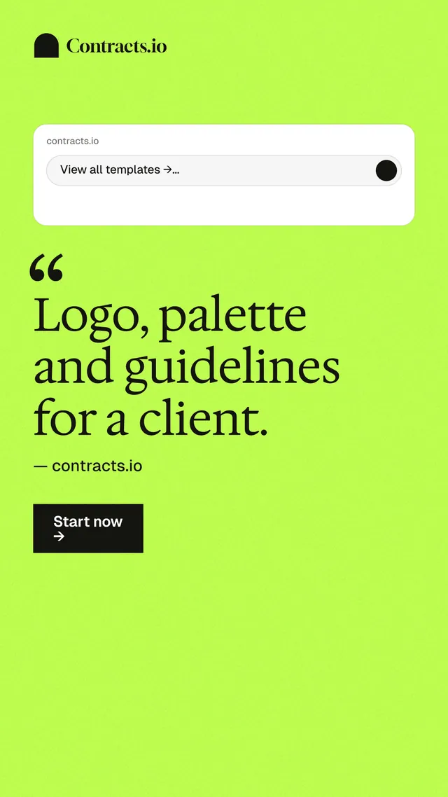 Instagram story for contracts.io: "Logo, palette and guidelines for a client." Swiss style, quote layout, light palette in green.