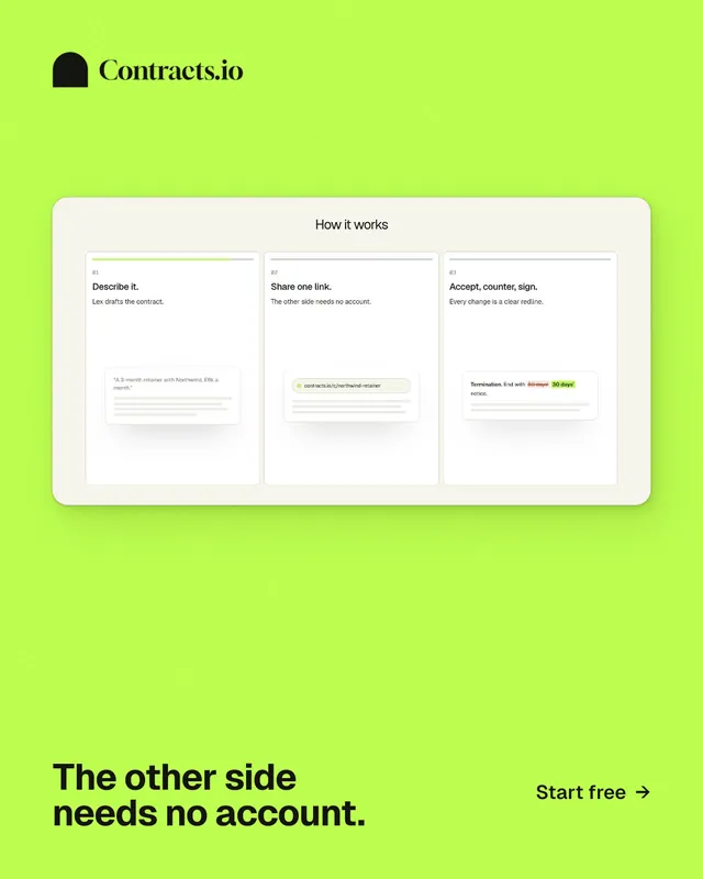 Instagram portrait post for contracts.io: "The other side needs no account." Swiss style, image led layout, light palette in green, white.