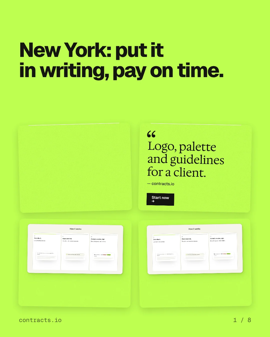 Carousel for contracts.io: "New York: put it in writing, pay on time.". Collection carousel, 8 slides, light palette.
