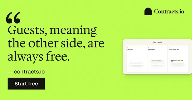 Social ad for contracts.io: "Guests, meaning the other side, are always free." Swiss style, quote layout, light palette in green.