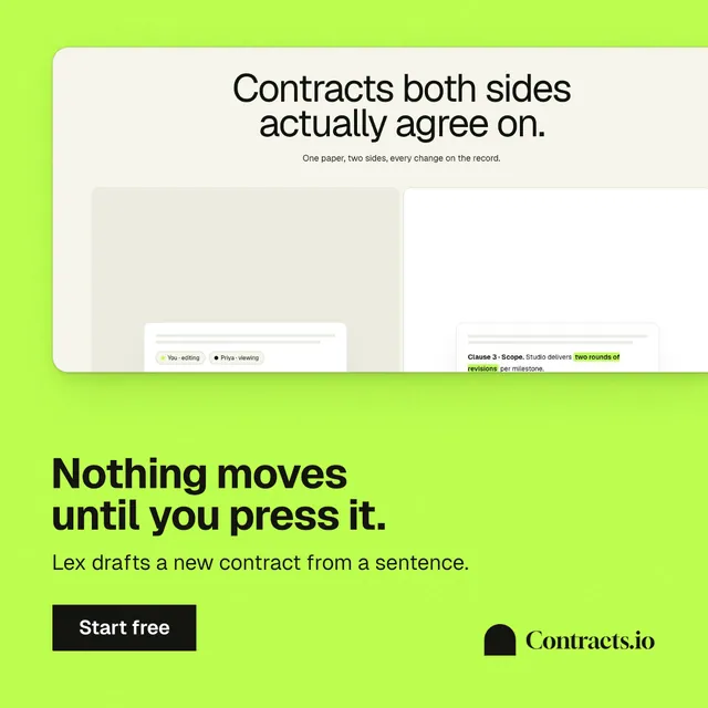 Instagram post for contracts.io: "Nothing moves until you press it." Swiss style, bottom layout, light palette in green.