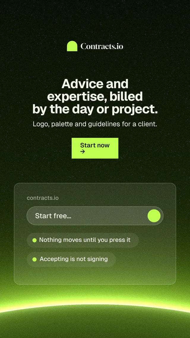 Instagram story for contracts.io: "Advice and expertise, billed by the day or project." Swiss style, centred layout, dark palette in green, black.