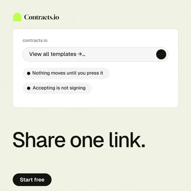 Instagram post for contracts.io: "Share one link." Data card style, bottom layout, light palette in white.