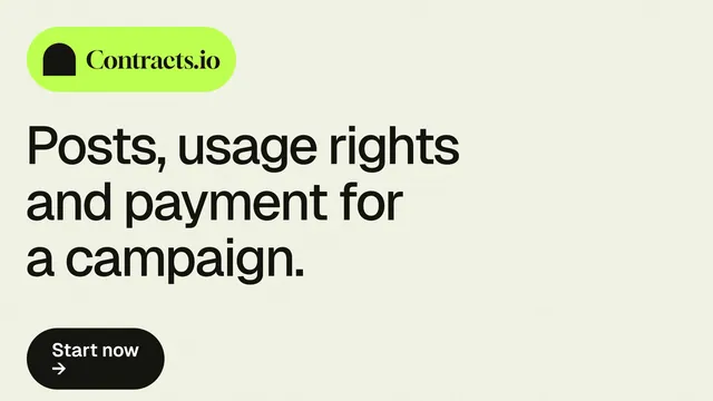 Landscape graphic for contracts.io: "Posts, usage rights and payment for a campaign." Data card style, announce layout, light palette in white, yellow, grey.