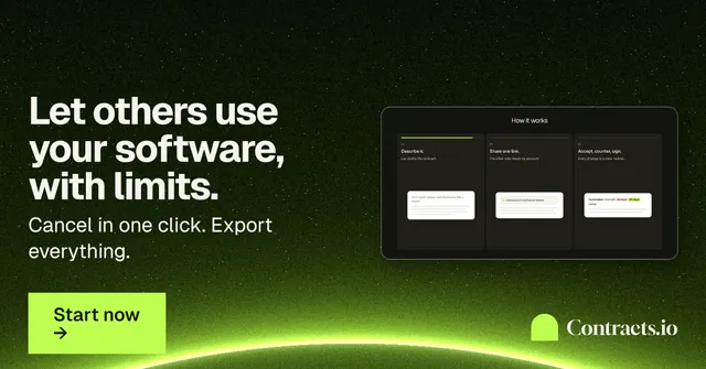 Social ad for contracts.io: "Let others use your software, with limits." Swiss style, bottom layout, dark palette in green, black.