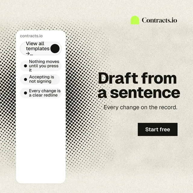 Instagram post for contracts.io: "Draft from a sentence". Ink sticker style, right layout, light palette in white, yellow, grey.