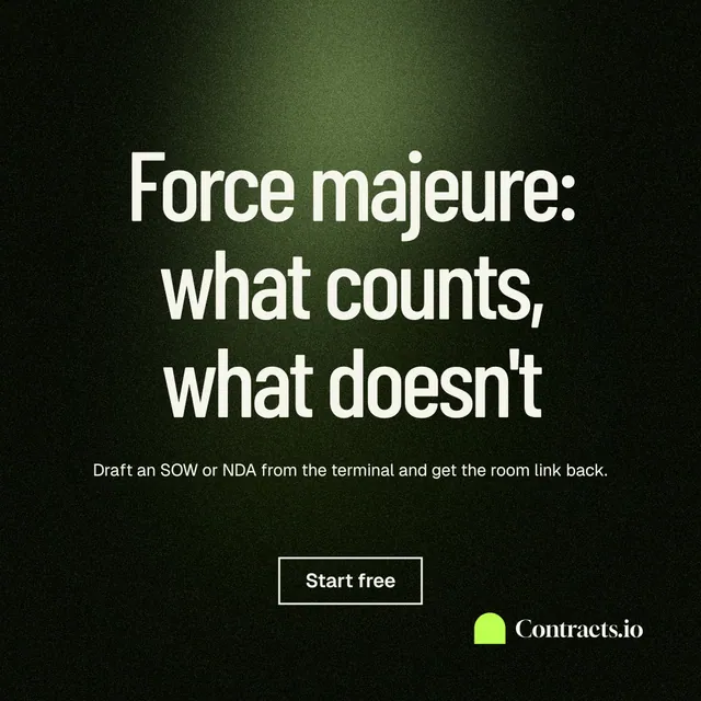 Instagram post for contracts.io: "Force majeure: what counts, what doesn't". Dark deco style, centred layout, dark palette in black, grey.