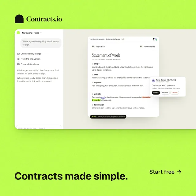 Instagram post for contracts.io: "Contracts made simple." Swiss style, image led layout, light palette in green.