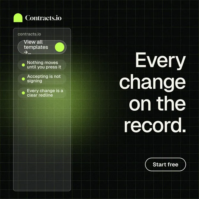 Instagram post for contracts.io: "Every change on the record." Phosphor atlas style, right layout, dark palette in black, grey.
