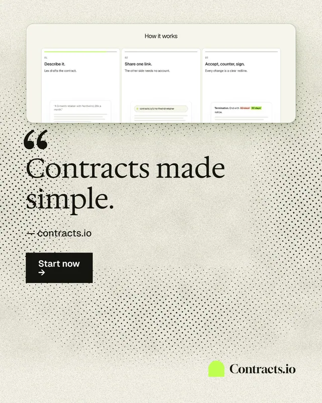 Instagram portrait post for contracts.io: "Contracts made simple." Ink sticker style, quote layout, light palette in yellow, white, grey.