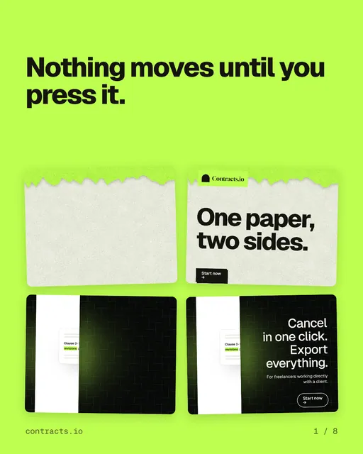 Carousel for contracts.io: "Nothing moves until you press it.". Collection carousel, 8 slides, light palette.