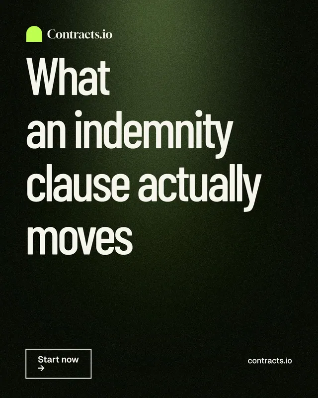 Instagram portrait post for contracts.io: "What an indemnity clause actually moves". Dark deco style, poster layout, dark palette in black, grey.