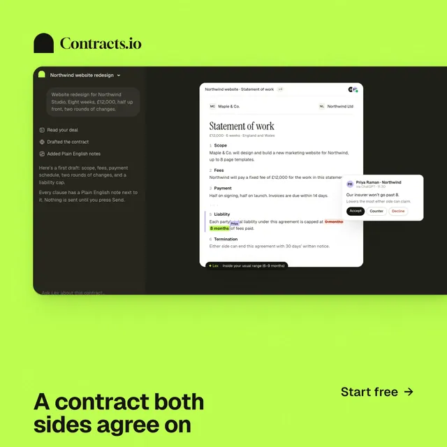 Instagram post for contracts.io: "A contract both sides agree on". Swiss style, image led layout, light palette in black, green.