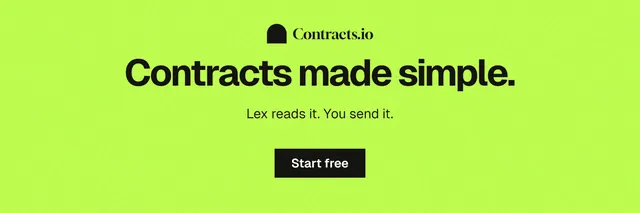X header for contracts.io: "Contracts made simple." Swiss style, centred layout, light palette in green.