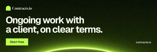 X header for contracts.io: "Ongoing work with a client, on clear terms." Swiss style, poster layout, dark palette in black, green.