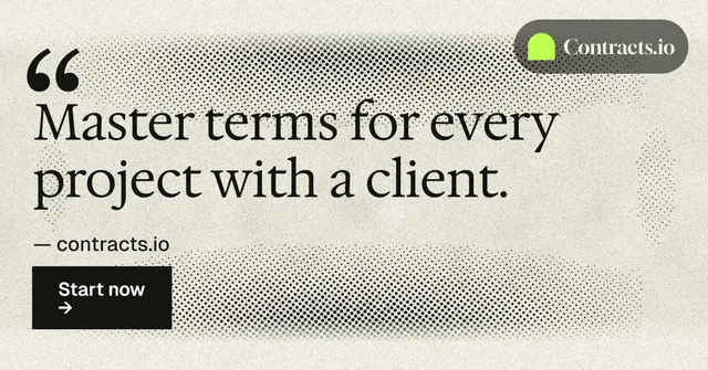 Social ad for contracts.io: "Master terms for every project with a client." Ink sticker style, quote layout, light palette in grey, yellow.