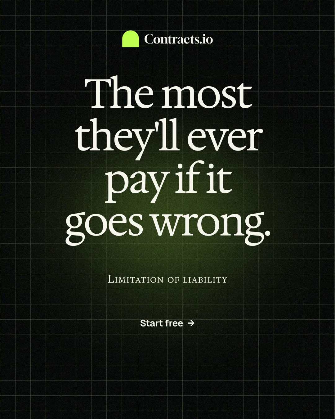 Instagram portrait post for contracts.io: "The most they'll ever pay if it goes wrong." Phosphor atlas style, smallcaps layout, dark palette in black, grey.