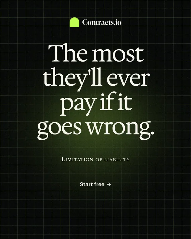 Instagram portrait post for contracts.io: "The most they'll ever pay if it goes wrong." Phosphor atlas style, smallcaps layout, dark palette in black, grey.