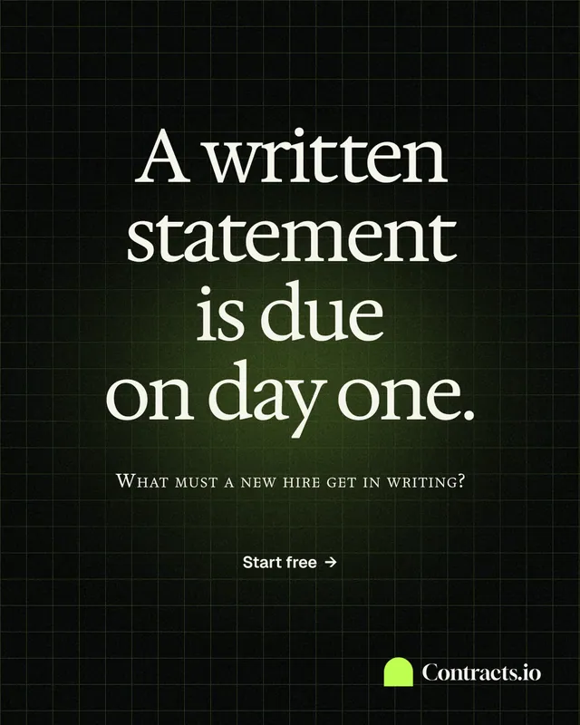 Instagram portrait post for contracts.io: "A written statement is due on day one." Phosphor atlas style, smallcaps layout, dark palette in black, green, grey.