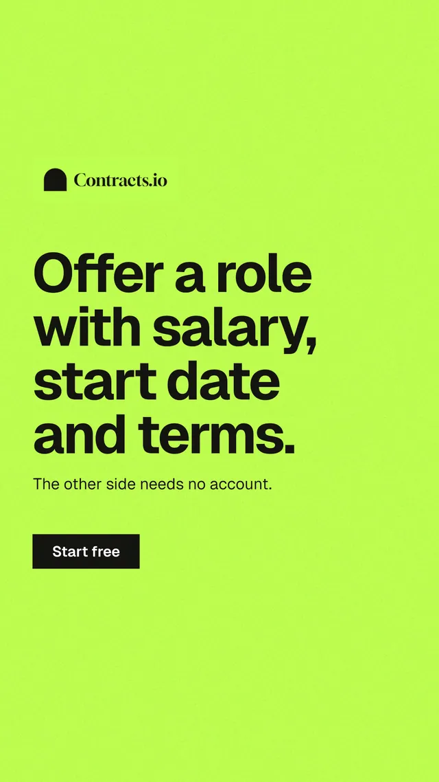 Instagram story for contracts.io: "Offer a role with salary, start date and terms." Swiss style, announce layout, light palette in green.