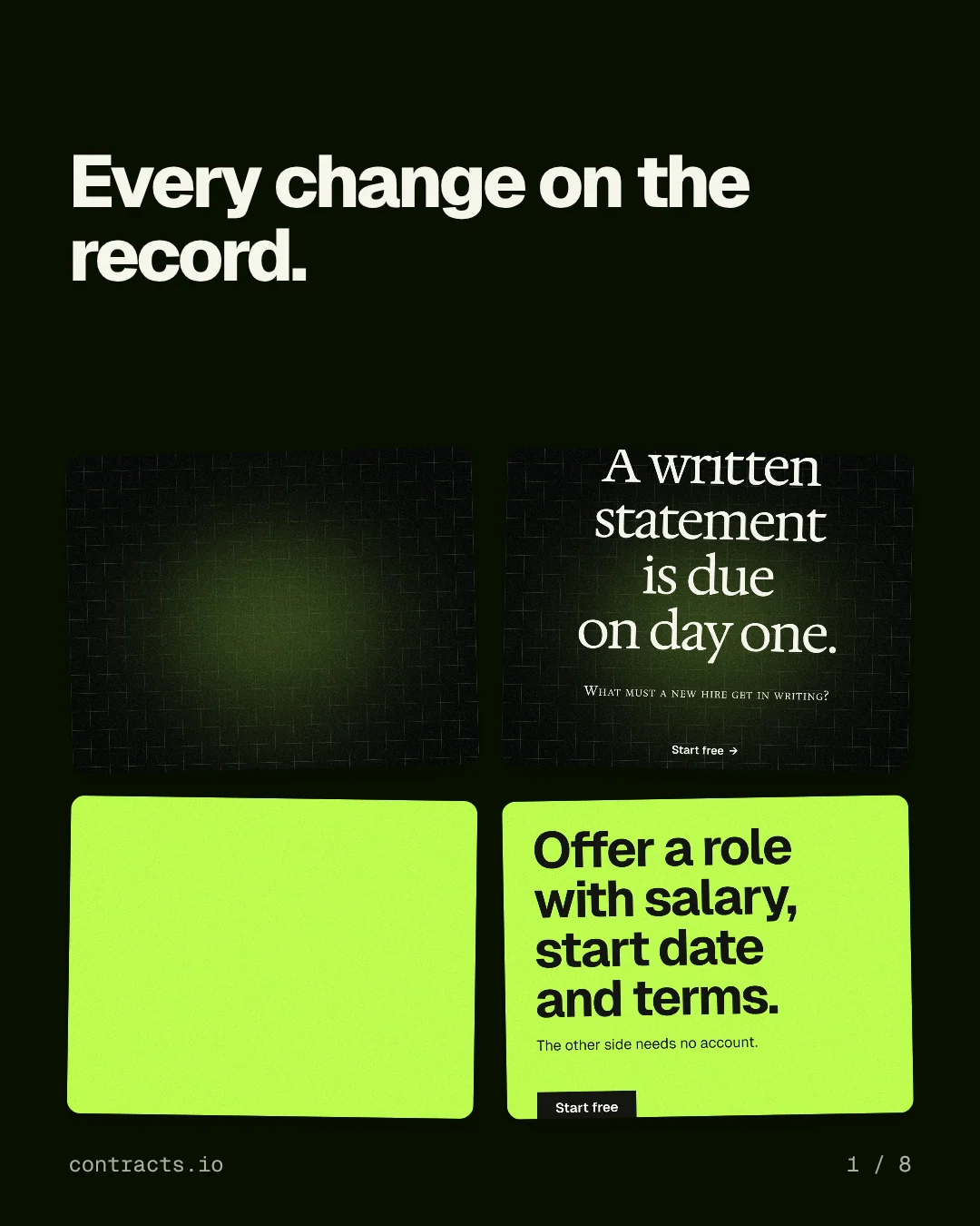 Carousel for contracts.io: "Every change on the record.". Collection carousel, 8 slides, dark palette.