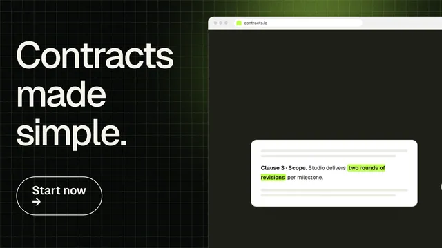 Landscape graphic for contracts.io: "Contracts made simple." Phosphor atlas style, browser layout, dark palette in black, grey.