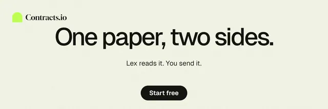 X header for contracts.io: "One paper, two sides." Data card style, centred layout, light palette in white, grey.