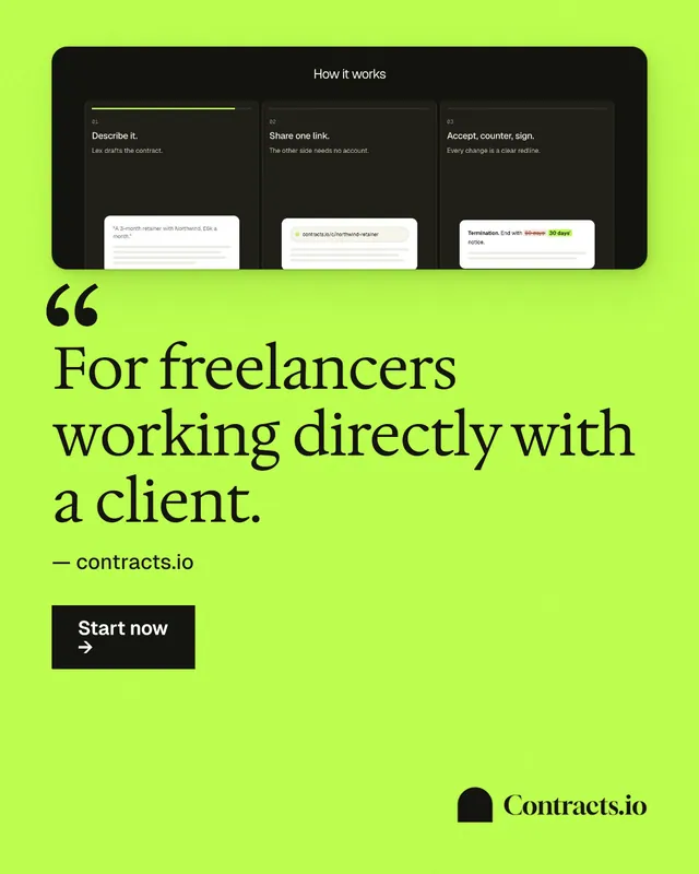 Instagram portrait post for contracts.io: "For freelancers working directly with a client." Swiss style, quote layout, light palette in green.