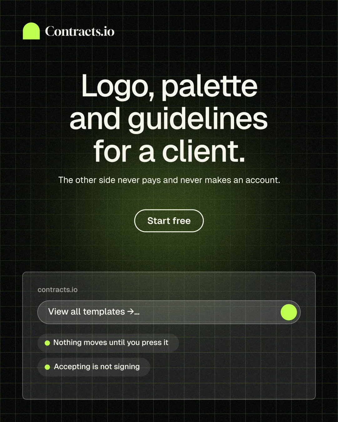 Instagram portrait post for contracts.io: "Logo, palette and guidelines for a client." Phosphor atlas style, centred layout, dark palette in black, grey.