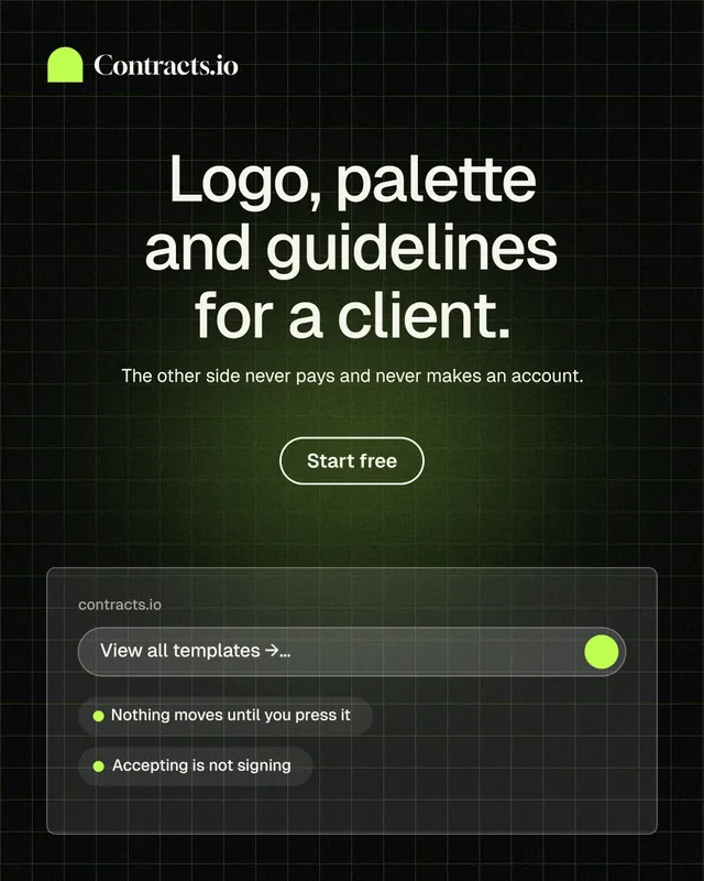 Instagram portrait post for contracts.io: "Logo, palette and guidelines for a client." Phosphor atlas style, centred layout, dark palette in black, grey.