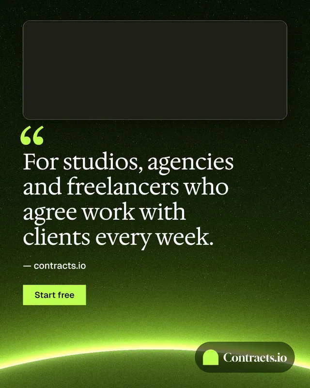 Instagram portrait post for contracts.io: "For studios, agencies and freelancers who agree work with clients every week." Swiss style, quote layout, dark palette in black, green.