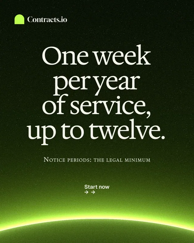 Instagram portrait post for contracts.io: "One week per year of service, up to twelve." Swiss style, smallcaps layout, dark palette in green, black.