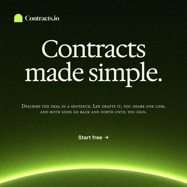 Instagram post for contracts.io: "Contracts made simple." Swiss style, smallcaps layout, dark palette in green, black.