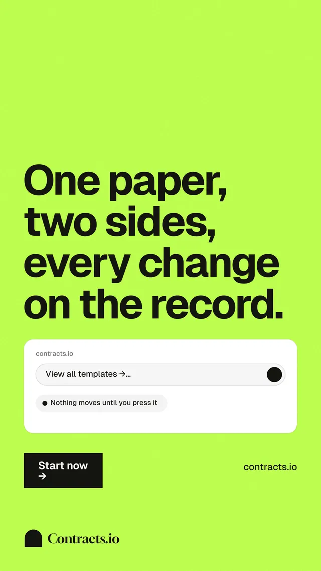 Instagram story for contracts.io: "One paper, two sides, every change on the record." Swiss style, poster layout, light palette in green.