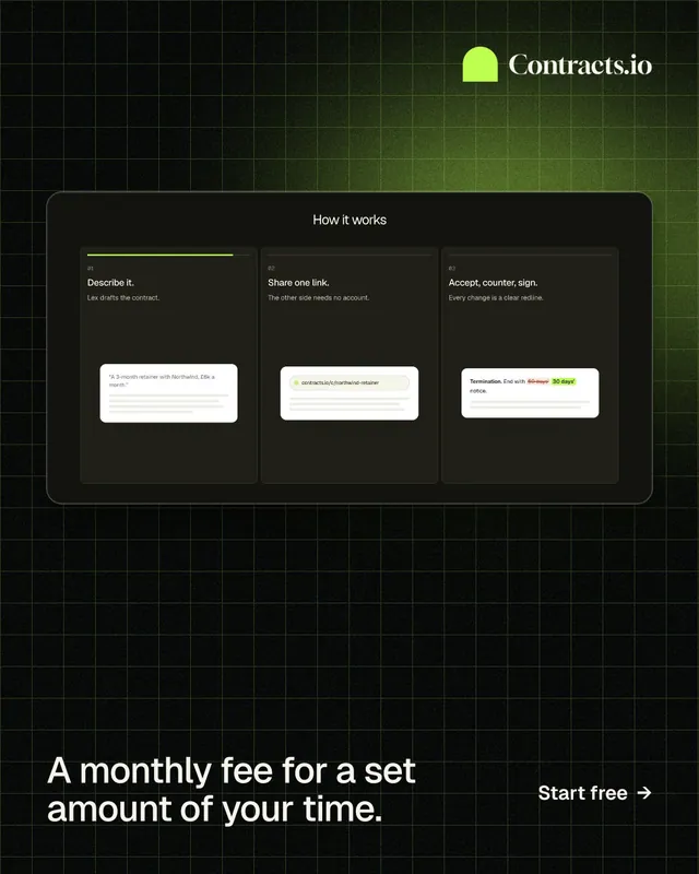 Instagram portrait post for contracts.io: "A monthly fee for a set amount of your time." Phosphor atlas style, image led layout, dark palette in black, grey.