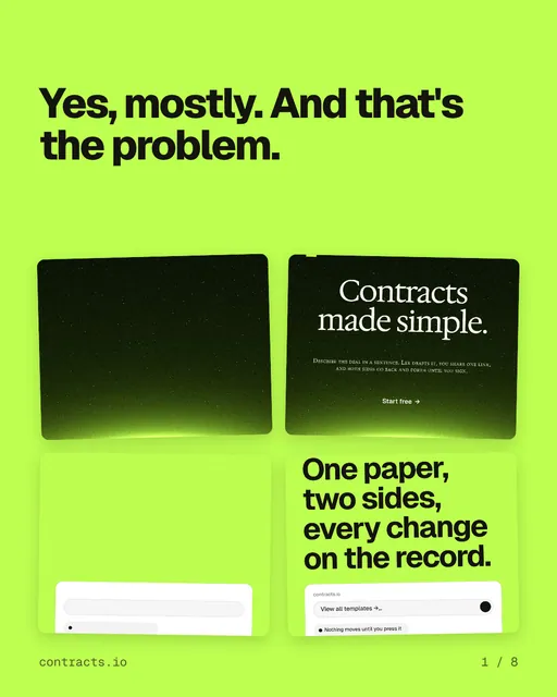 Carousel for contracts.io: "Yes, mostly. And that's the problem.". Collection carousel, 8 slides, light palette.