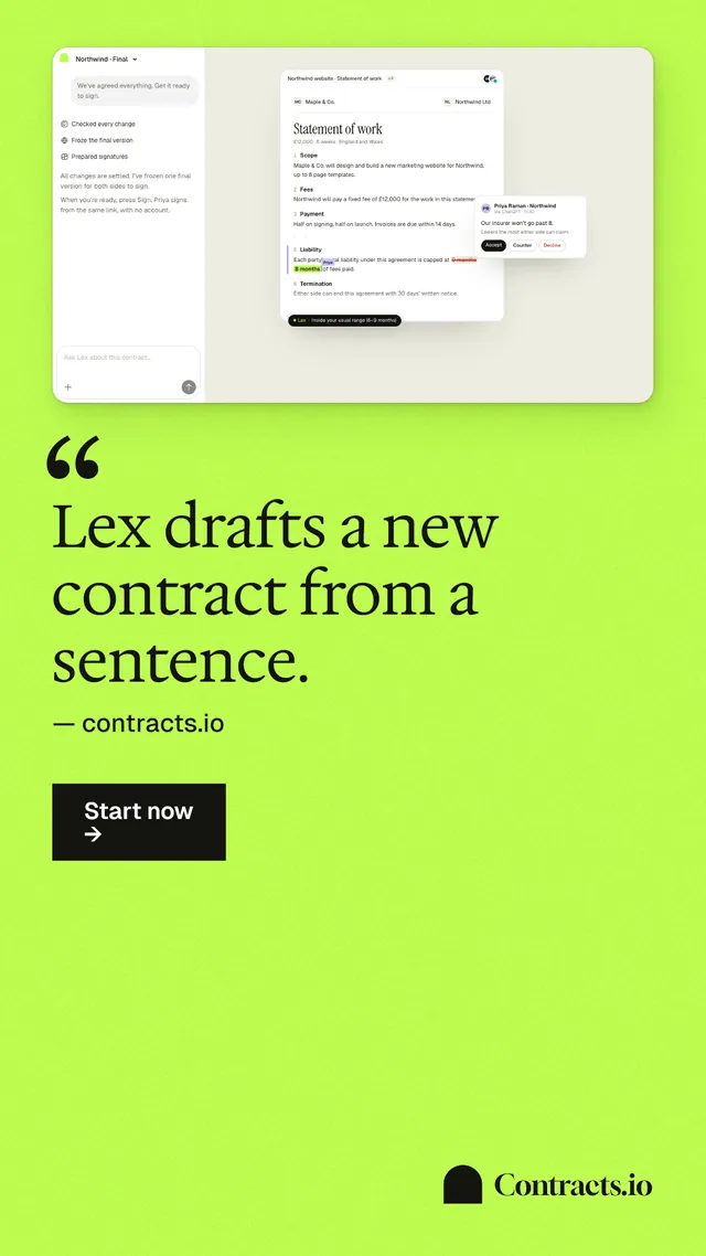 Instagram story for contracts.io: "Lex drafts a new contract from a sentence." Swiss style, quote layout, light palette in green.