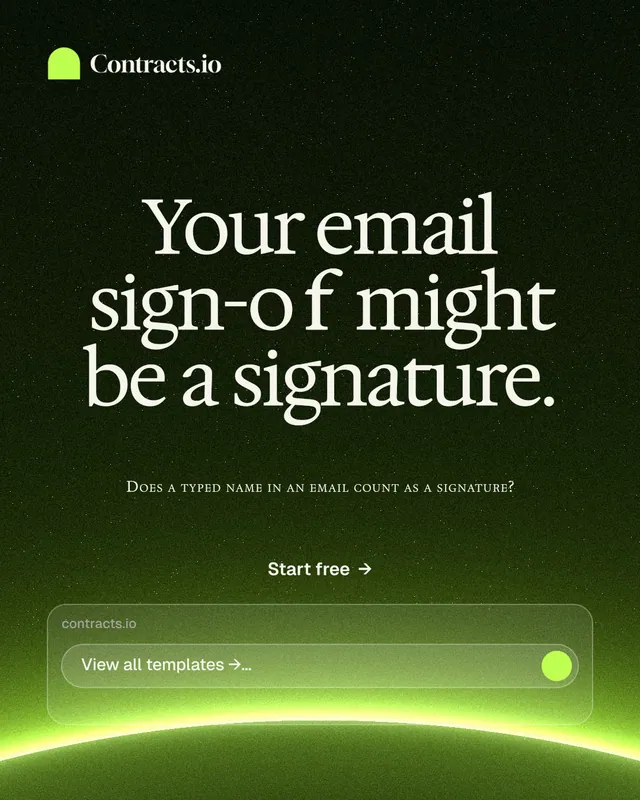 Instagram portrait post for contracts.io: "Your email sign-off might be a signature." Swiss style, smallcaps layout, dark palette in green, black.