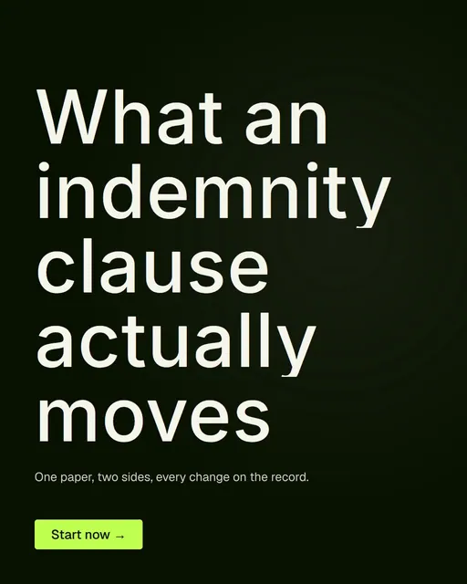 Video for contracts.io: "What an indemnity clause actually moves". Doc motion loop, 8.0 s, dark palette.