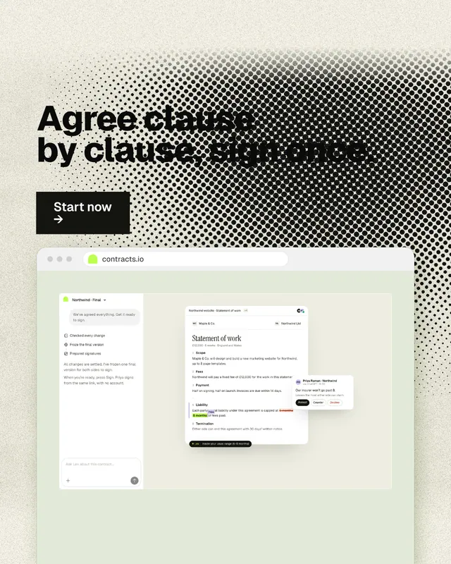 Instagram portrait post for contracts.io: "Agree clause by clause, sign once." Ink sticker style, browser layout, light palette in green, yellow, grey.