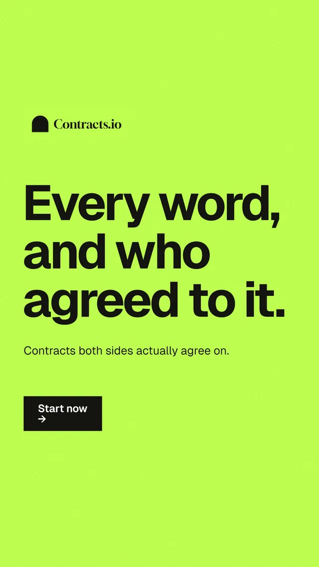 Instagram story for contracts.io: "Every word, and who agreed to it." Swiss style, announce layout, light palette in green.
