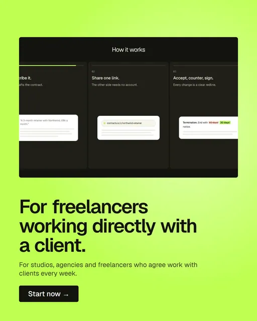 Video for contracts.io: "For freelancers working directly with a client.". Doc motion loop, 6.0 s, light palette.