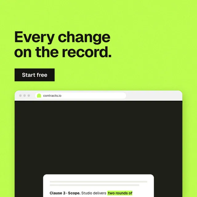 Instagram post for contracts.io: "Every change on the record." Swiss style, browser layout, light palette in green, black.