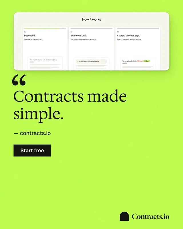 Instagram portrait post for contracts.io: "Contracts made simple." Swiss style, quote layout, light palette in green.