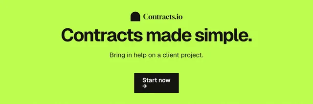 X header for contracts.io: "Contracts made simple." Swiss style, centred layout, light palette in green.