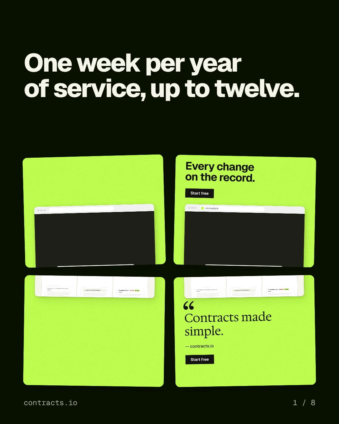 Carousel for contracts.io: "One week per year of service, up to twelve.". Collection carousel, 8 slides, dark palette.
