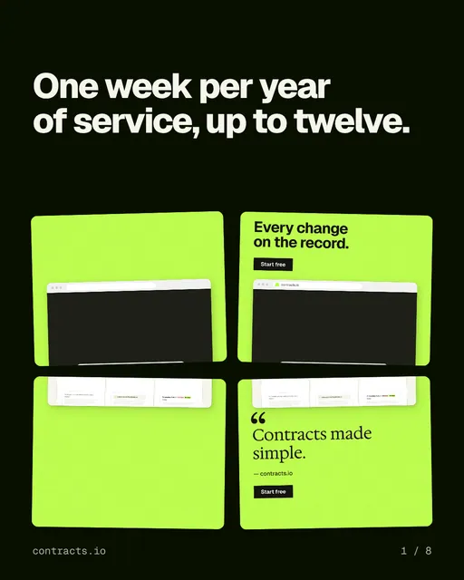 Carousel for contracts.io: "One week per year of service, up to twelve.". Collection carousel, 8 slides, dark palette.