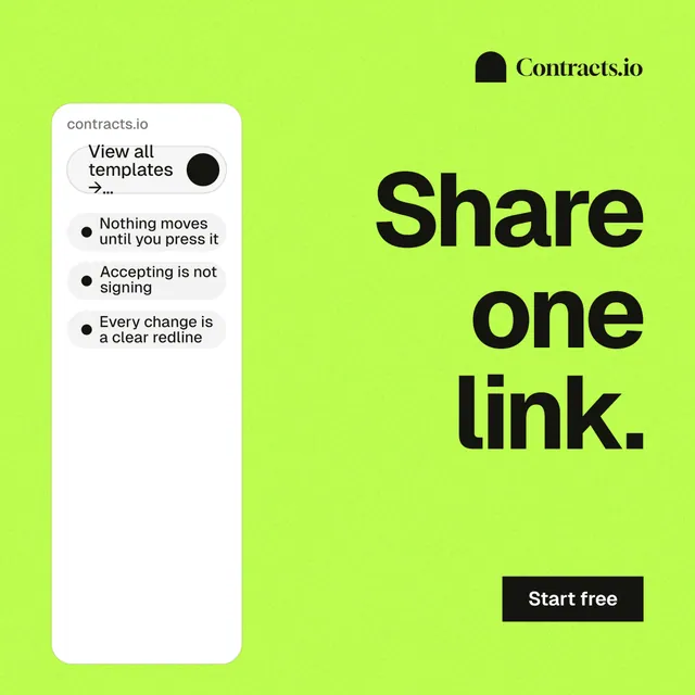Instagram post for contracts.io: "Share one link." Swiss style, right layout, light palette in green.