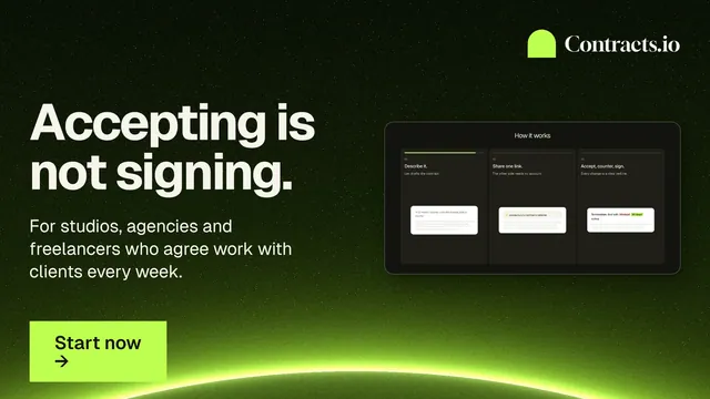 Landscape graphic for contracts.io: "Accepting is not signing." Swiss style, bottom layout, dark palette in black, green.