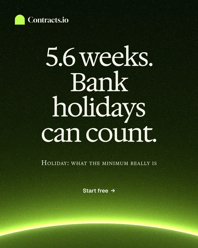 Instagram portrait post for contracts.io: "5.6 weeks. Bank holidays can count." Swiss style, smallcaps layout, dark palette in green, black.